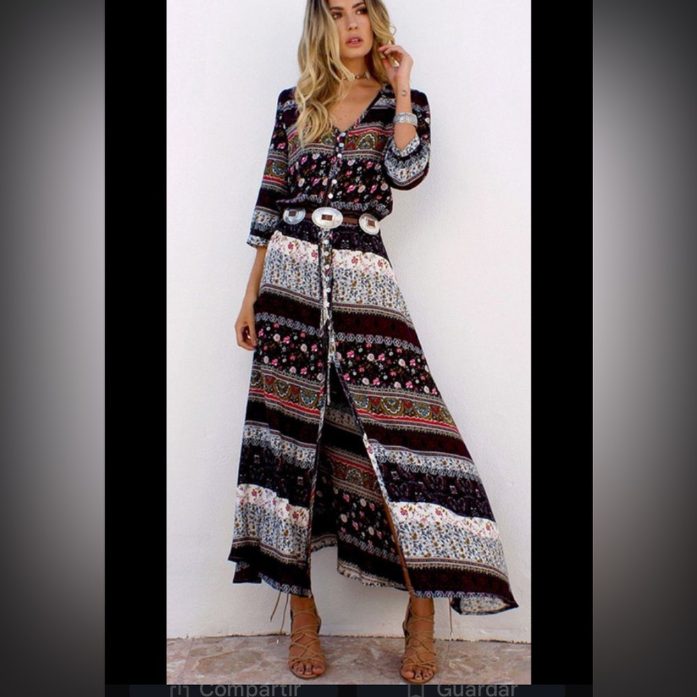 Bohemian Floral Maxi Dress - Black and Multicolor